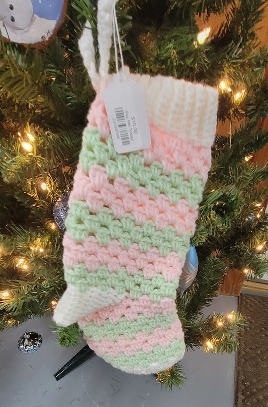 Handcrafted Crochet Christmas Stocking – White, Pink & Green (10-11 Inches)